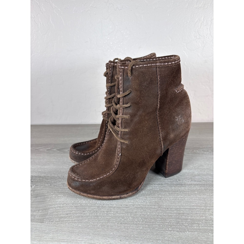 Frye Brown Suede Lace Up Moc Toe Block Heel Ankle Boots 7.5M 3476656-CHO